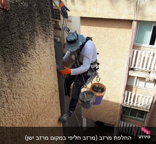 אדם על גג עם ציוד תיקון ואבטחה